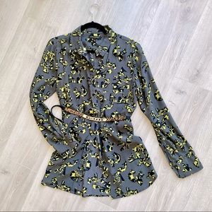 Silk gray yellow pattern button down long shirt BR
